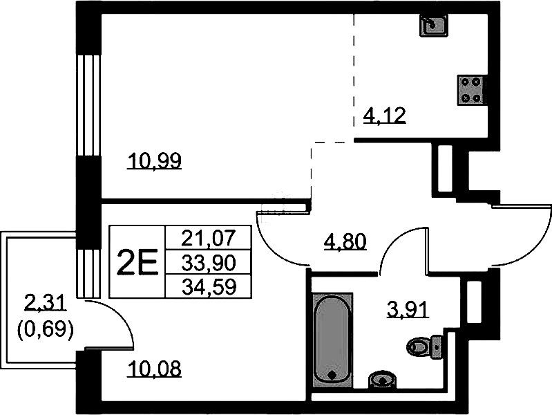 1-комнатная квартира 34.59 м², 5/9 эт., ЖК «Квартал Лаголово»